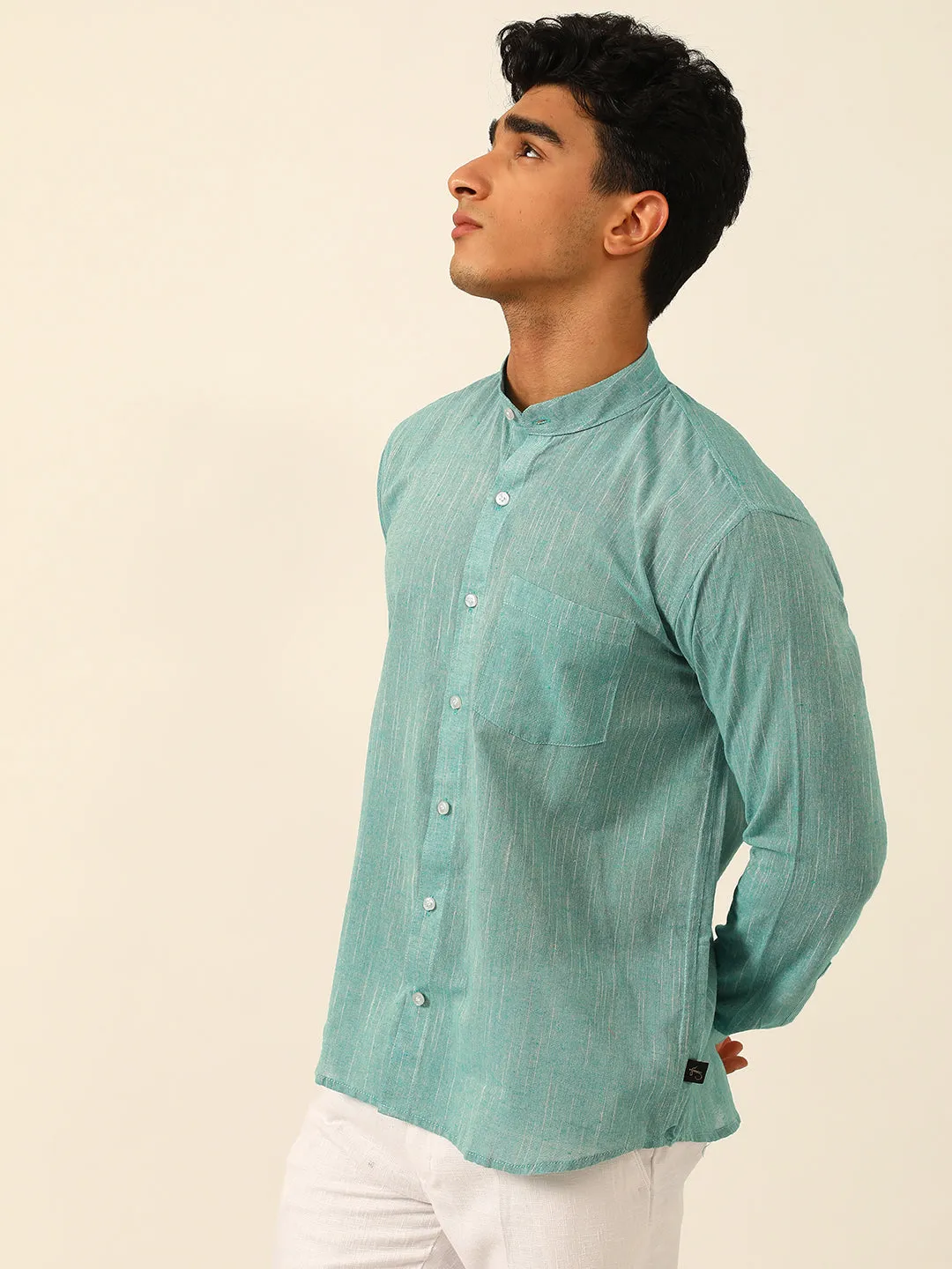 Teal Textured Premium Cotton Linen Regular Fit Solid Shirt