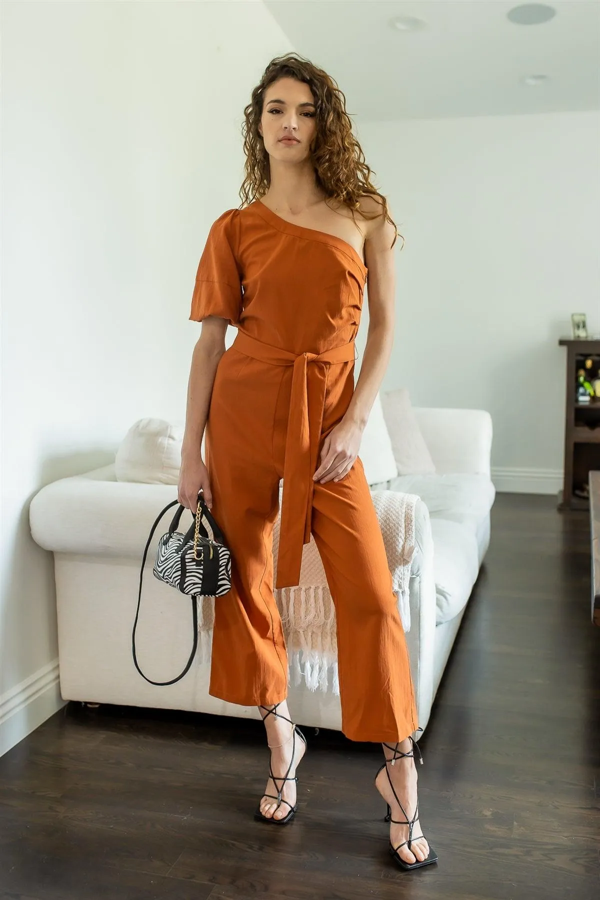 Terracotta Cotton Blend One Shoulder Puff Short Sleeve Belted Culotte Jumpsuit /1-2-2