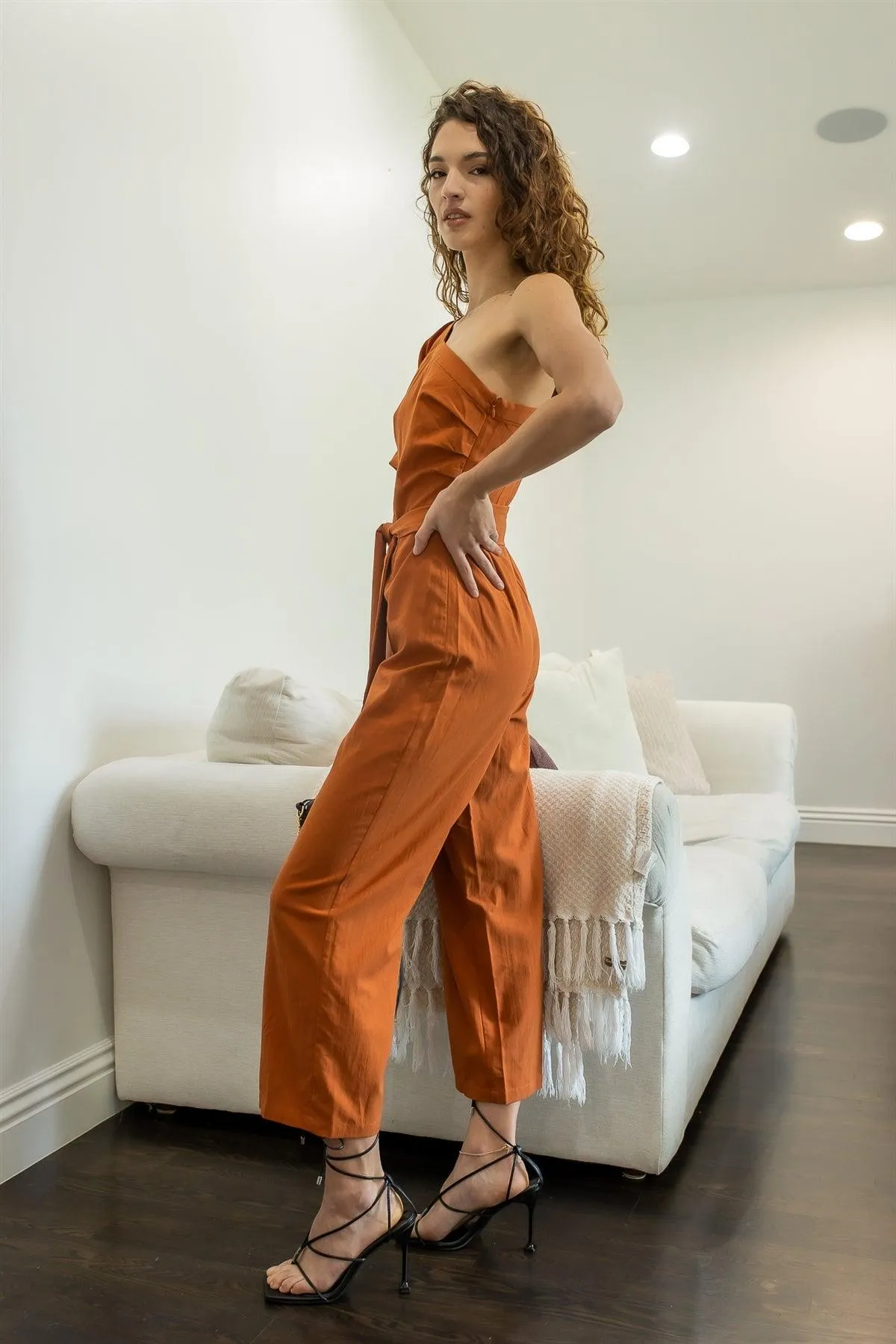 Terracotta Cotton Blend One Shoulder Puff Short Sleeve Belted Culotte Jumpsuit /1-2-2