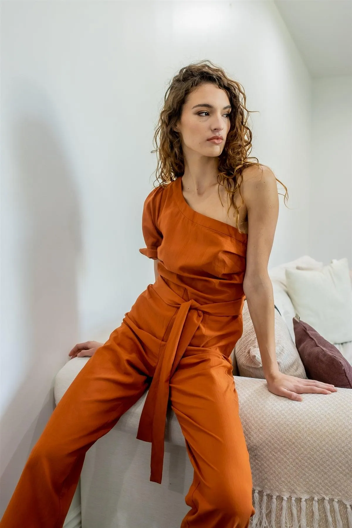 Terracotta Cotton Blend One Shoulder Puff Short Sleeve Belted Culotte Jumpsuit /1-2-2