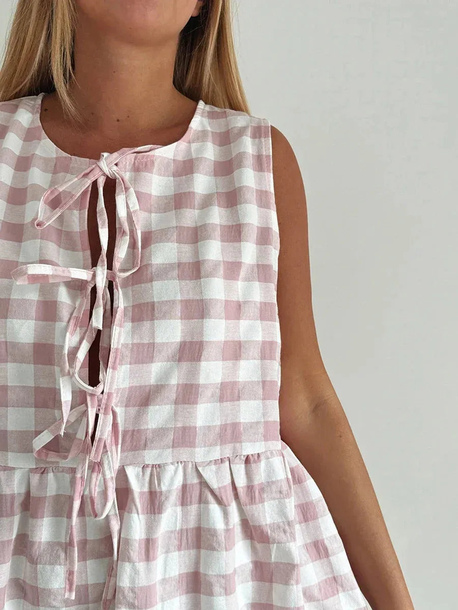 Trendy Gingham Tie-Up Midi Dress for Stylish Days