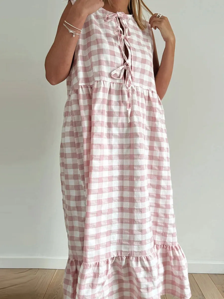 Trendy Gingham Tie-Up Midi Dress for Stylish Days