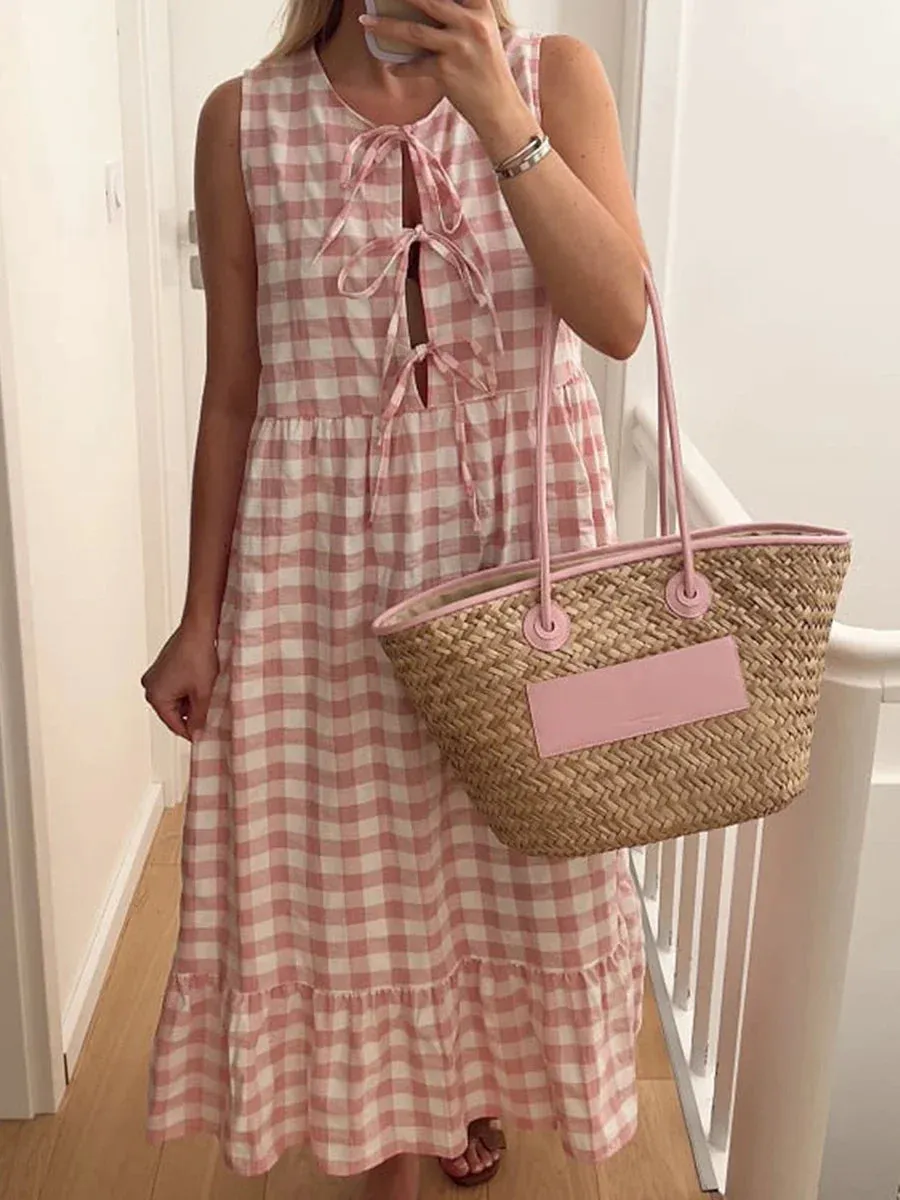 Trendy Gingham Tie-Up Midi Dress for Stylish Days