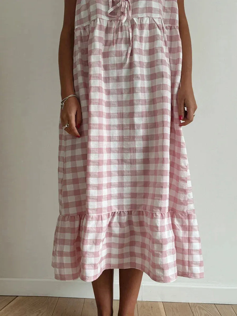 Trendy Gingham Tie-Up Midi Dress for Stylish Days