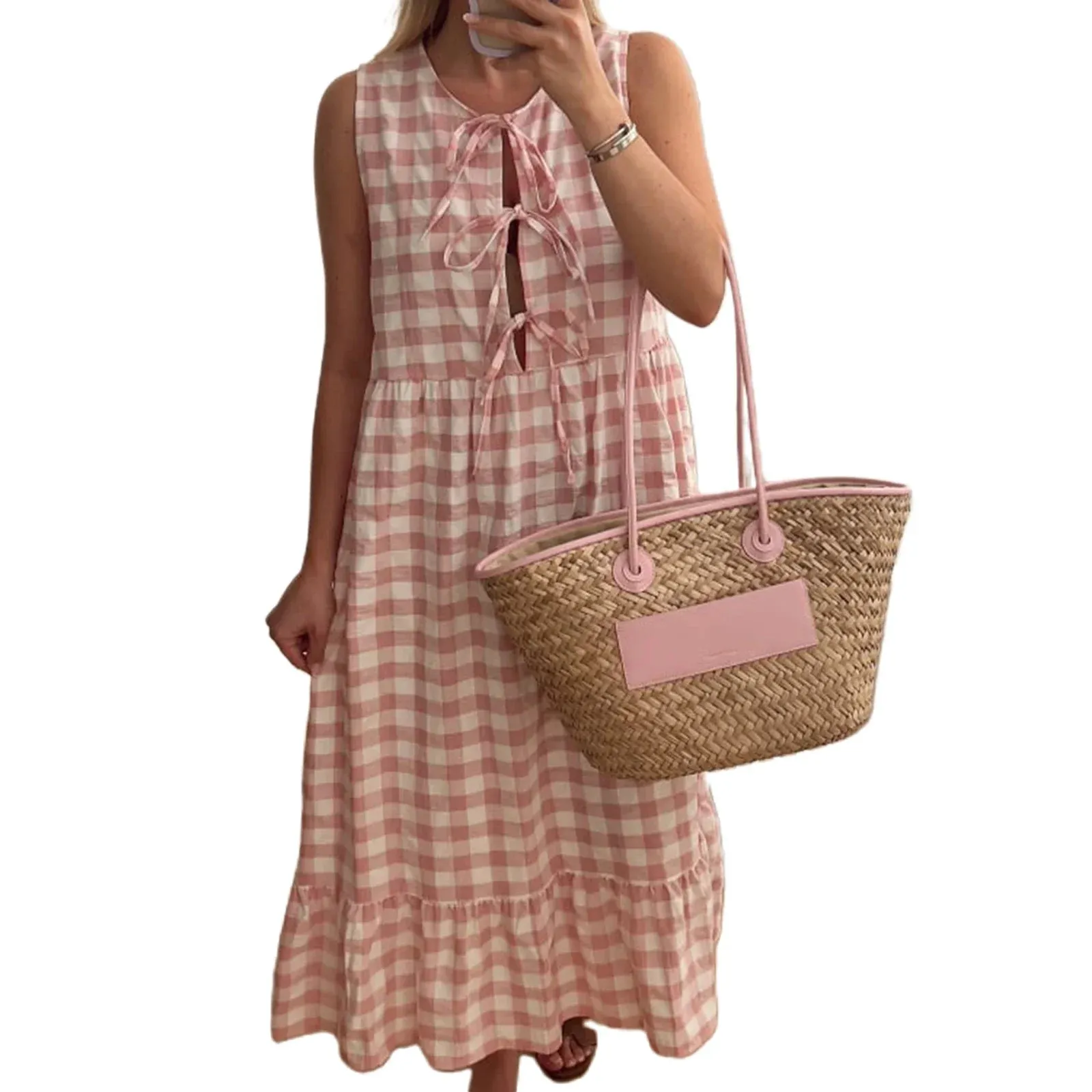 Trendy Gingham Tie-Up Midi Dress for Stylish Days