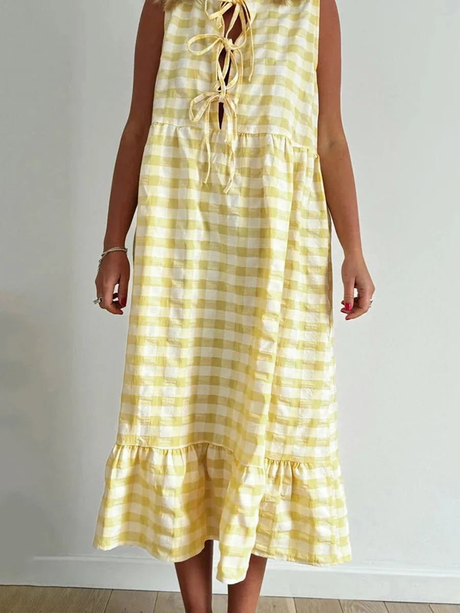 Trendy Gingham Tie-Up Midi Dress for Stylish Days