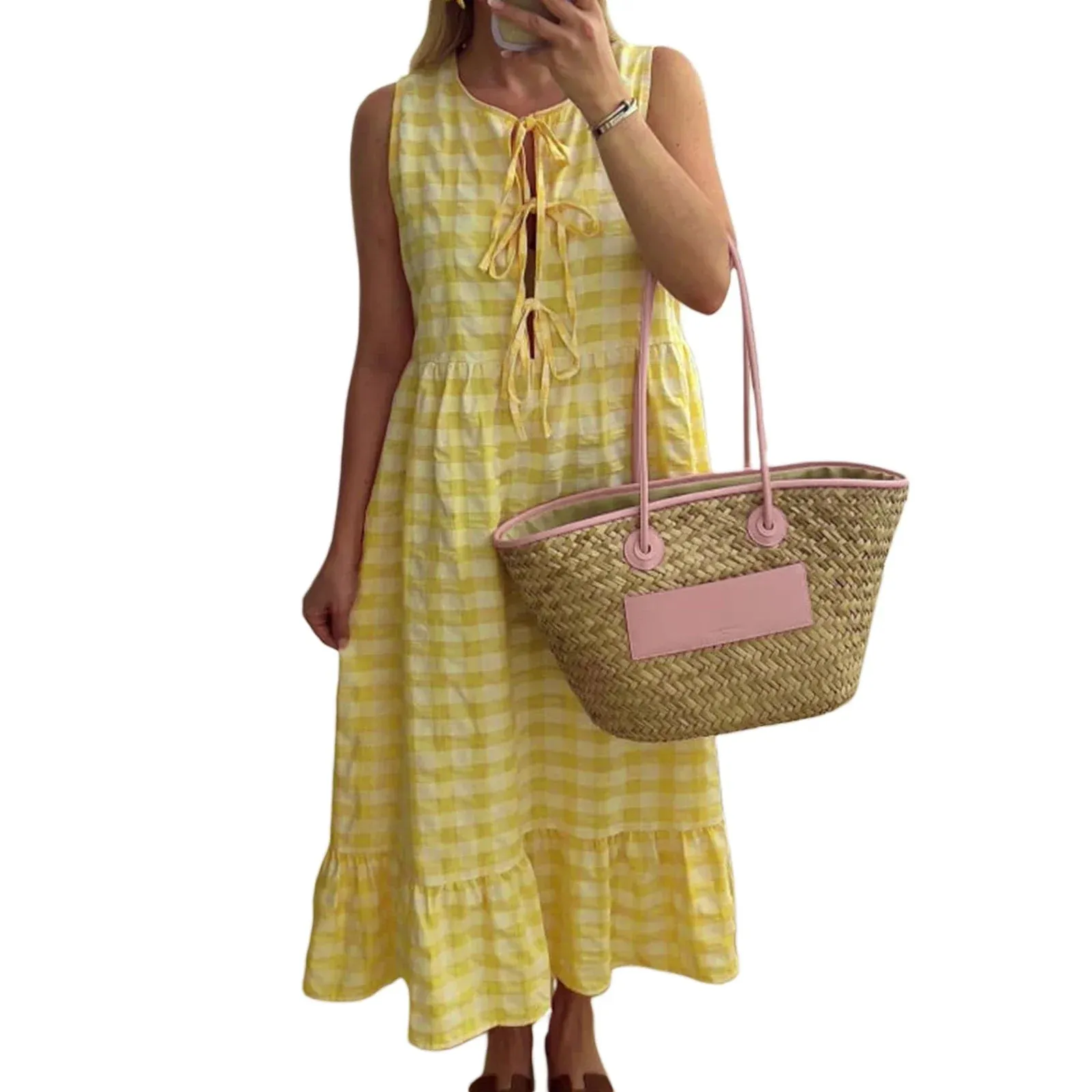 Trendy Gingham Tie-Up Midi Dress for Stylish Days