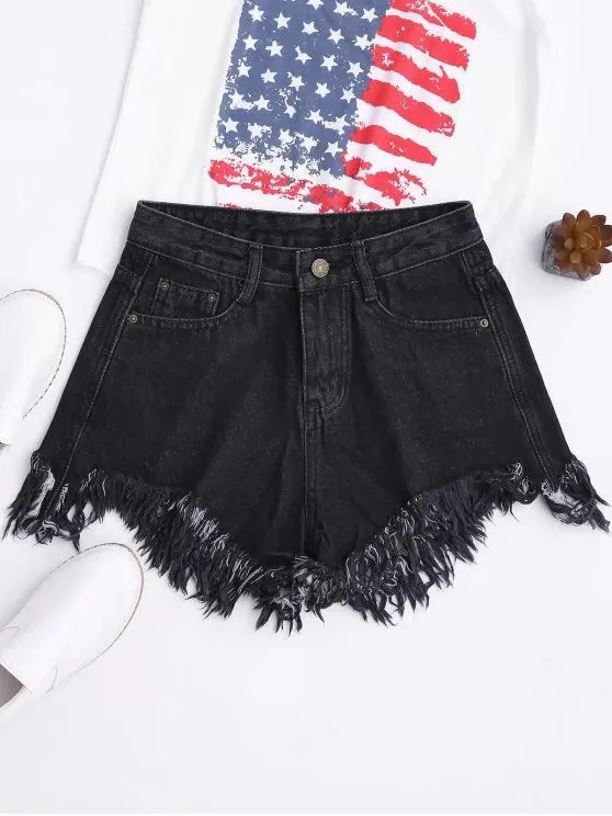 Trendy Wide Leg Frayed Hem Denim Shorts