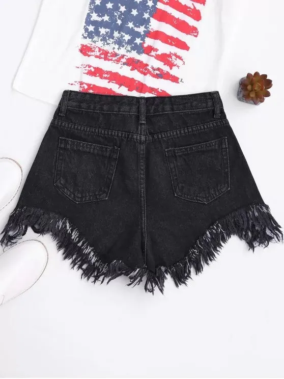 Trendy Wide Leg Frayed Hem Denim Shorts