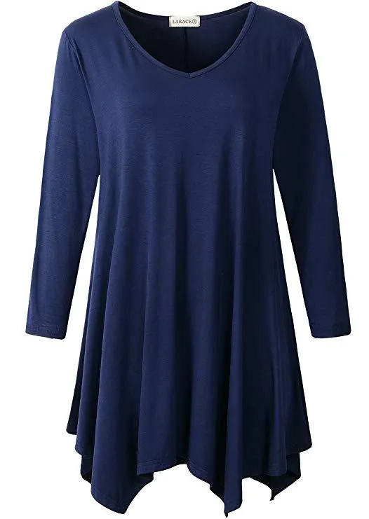 V-Neck Plain Swing Tunic Top Casual Long-sleeved T-shirt-LARACE  8035