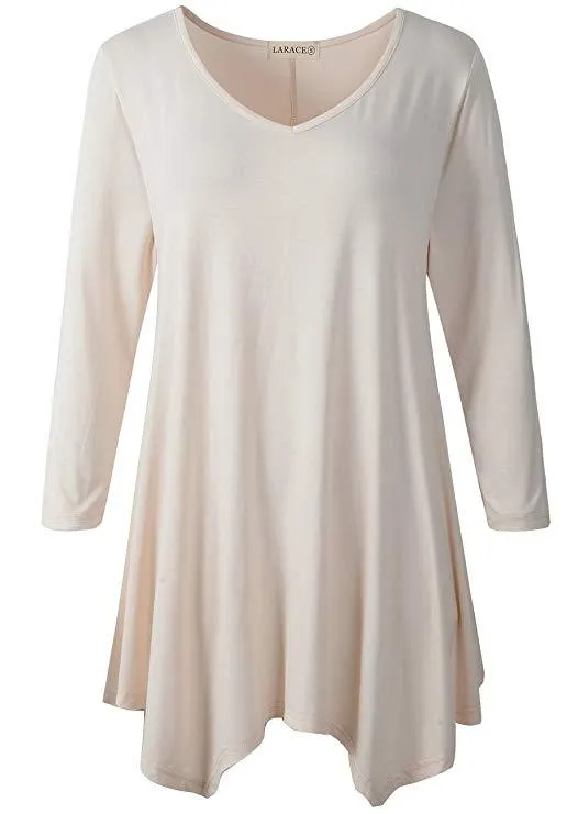 V-Neck Plain Swing Tunic Top Casual Long-sleeved T-shirt-LARACE  8035