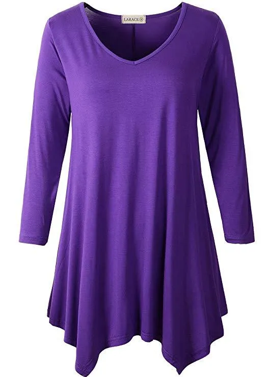 V-Neck Plain Swing Tunic Top Casual Long-sleeved T-shirt-LARACE  8035