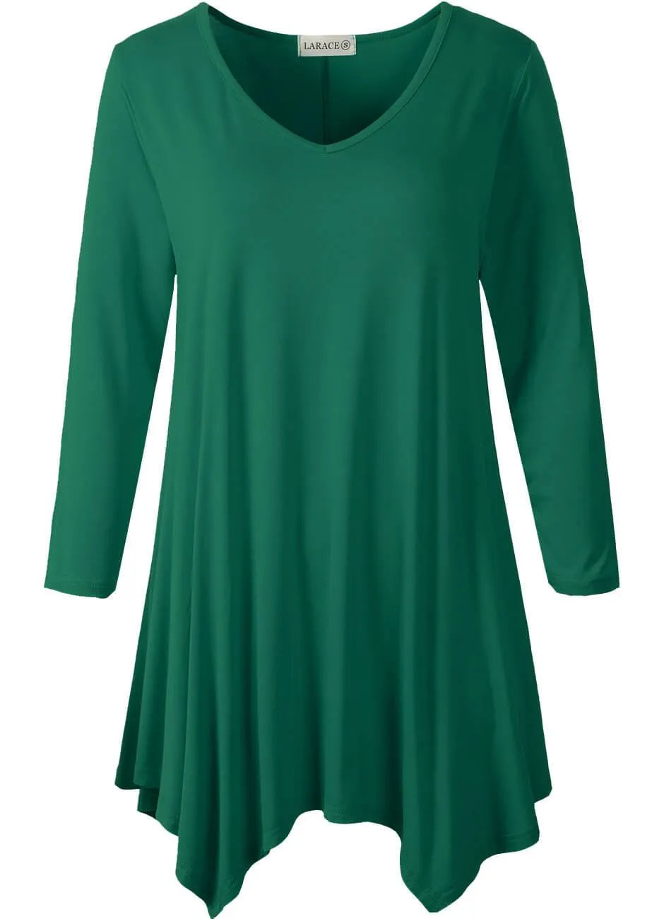 V-Neck Plain Swing Tunic Top Casual Long-sleeved T-shirt-LARACE  8035