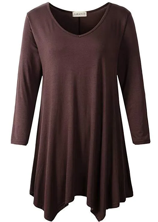 V-Neck Plain Swing Tunic Top Casual Long-sleeved T-shirt-LARACE  8035