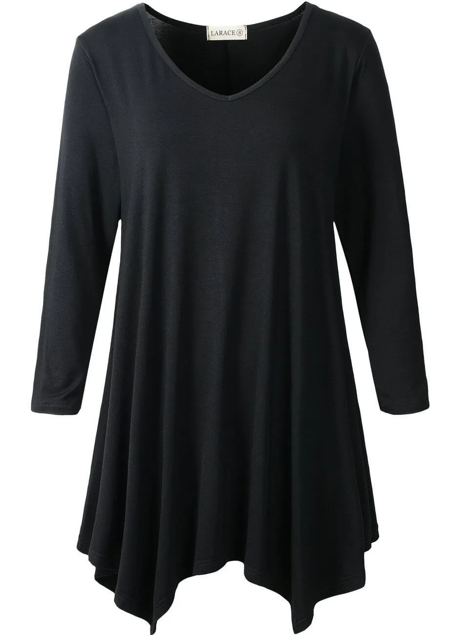 V-Neck Plain Swing Tunic Top Casual Long-sleeved T-shirt-LARACE  8035