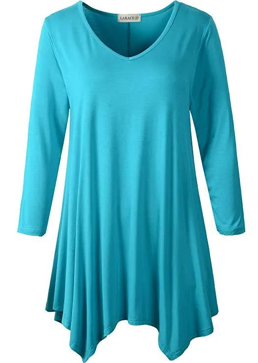 V-Neck Plain Swing Tunic Top Casual Long-sleeved T-shirt-LARACE  8035