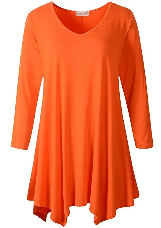 V-Neck Plain Swing Tunic Top Casual Long-sleeved T-shirt-LARACE  8035