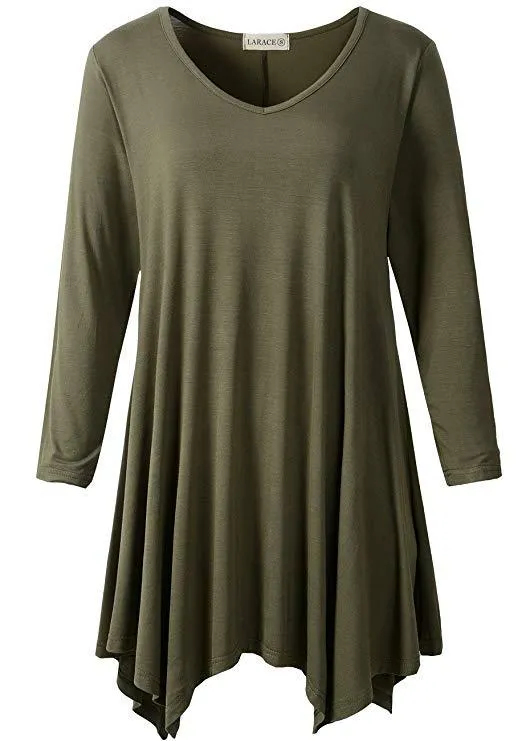 V-Neck Plain Swing Tunic Top Casual Long-sleeved T-shirt-LARACE  8035