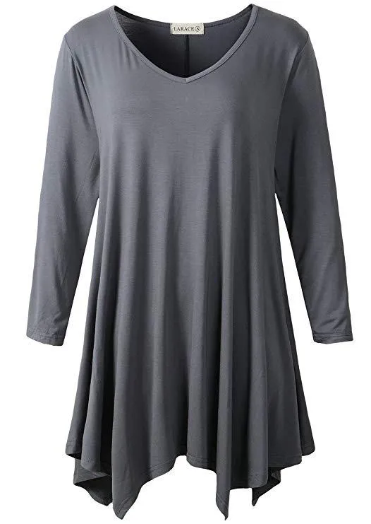 V-Neck Plain Swing Tunic Top Casual Long-sleeved T-shirt-LARACE  8035