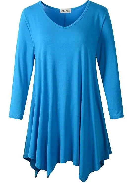 V-Neck Plain Swing Tunic Top Casual Long-sleeved T-shirt-LARACE  8035