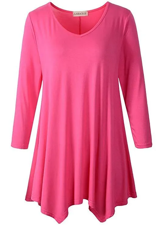 V-Neck Plain Swing Tunic Top Casual Long-sleeved T-shirt-LARACE  8035