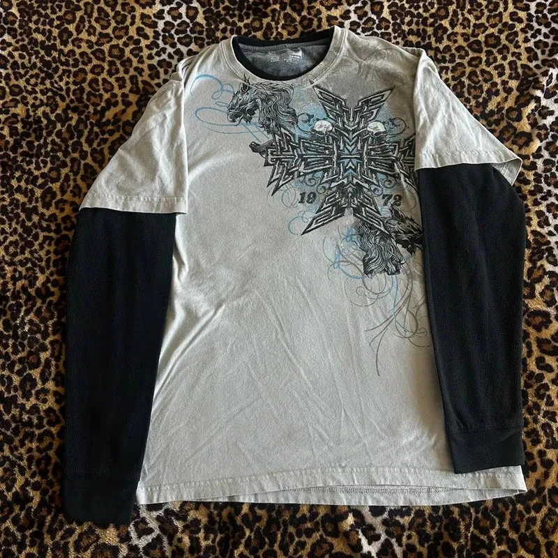 Vevesc Grunge Cyber Y2k Cross Print Layered T-shirt 2000s Rare Skull Graphic Pullovers Tops 90s Vintage Mall Goth Techwear Tees Women