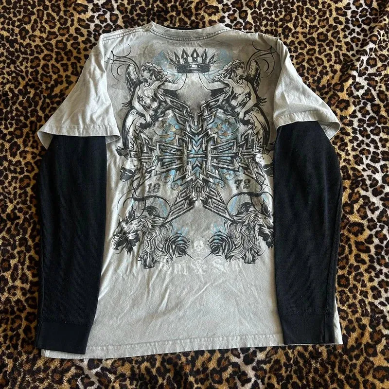 Vevesc Grunge Cyber Y2k Cross Print Layered T-shirt 2000s Rare Skull Graphic Pullovers Tops 90s Vintage Mall Goth Techwear Tees Women