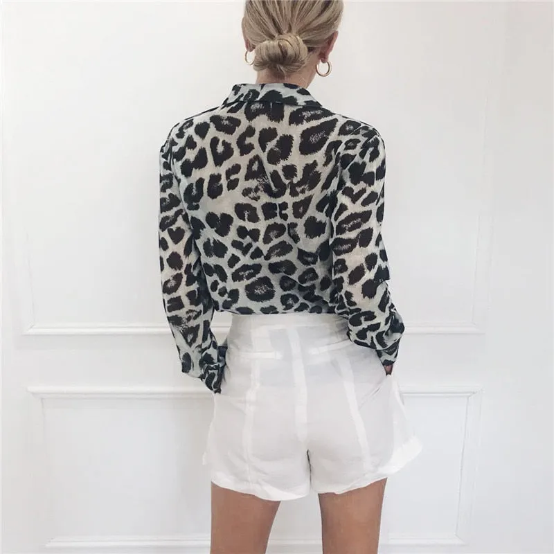 Vintage Blouse Long Sleeve Sexy Leopard Print