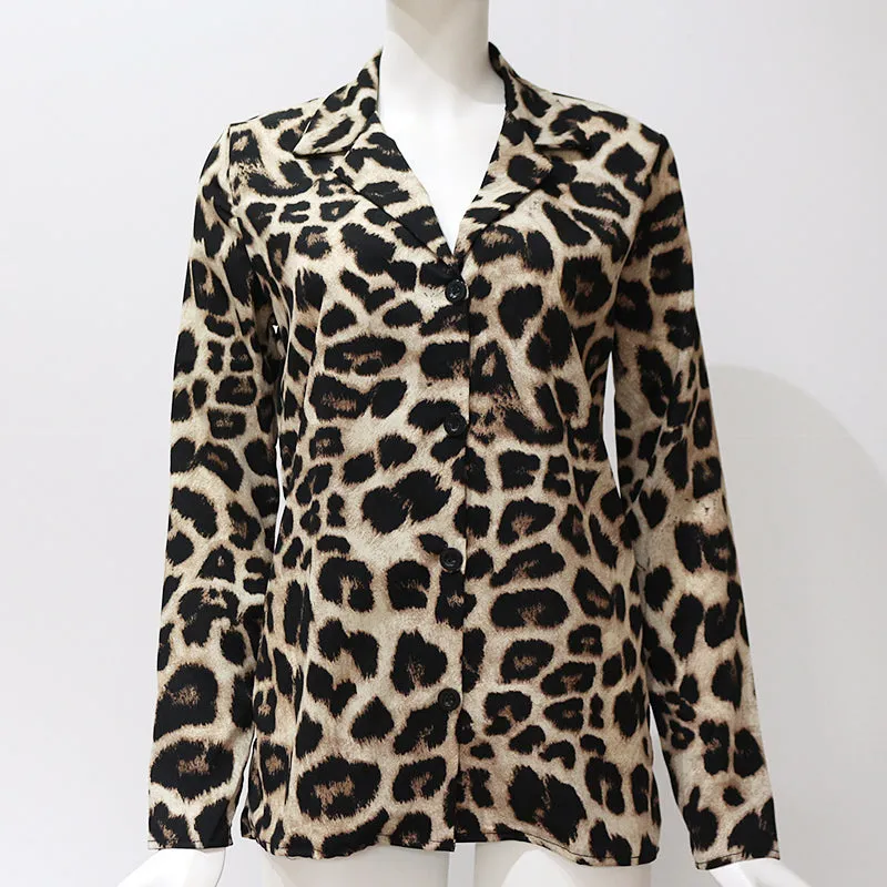 Vintage Blouse Long Sleeve Sexy Leopard Print