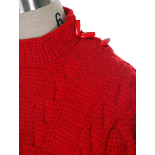 Vintage  Sweater Red Handknit Cable Knit Wool Great Buttons 1940s 36 Bust