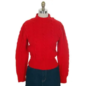 Vintage  Sweater Red Handknit Cable Knit Wool Great Buttons 1940s 36 Bust