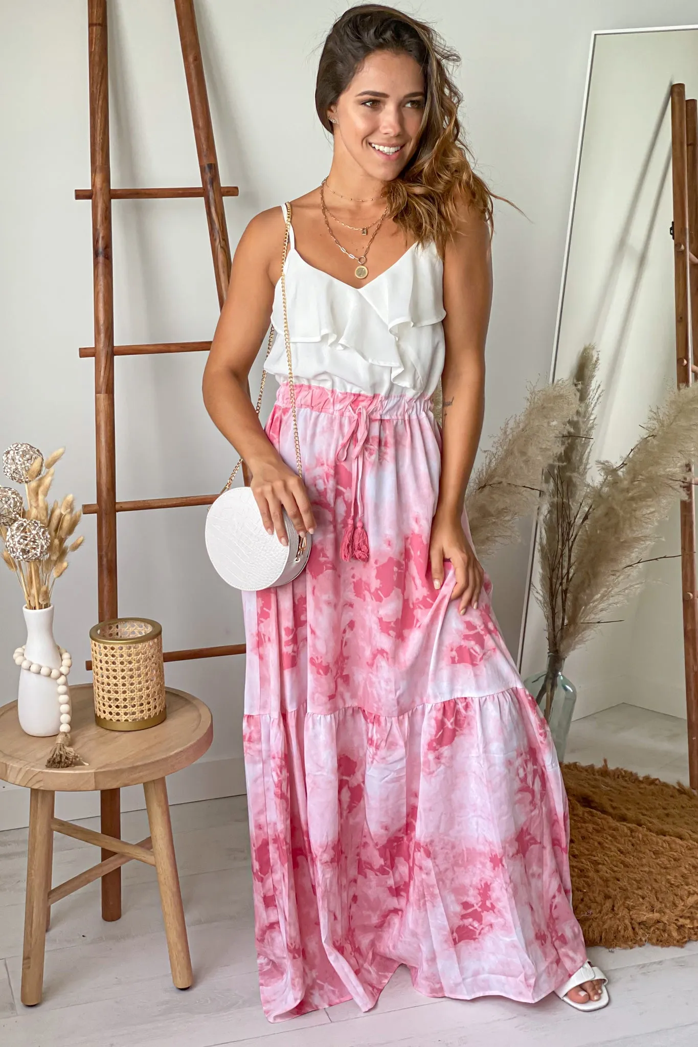 White And Pink Tie Dye Maxi Dress