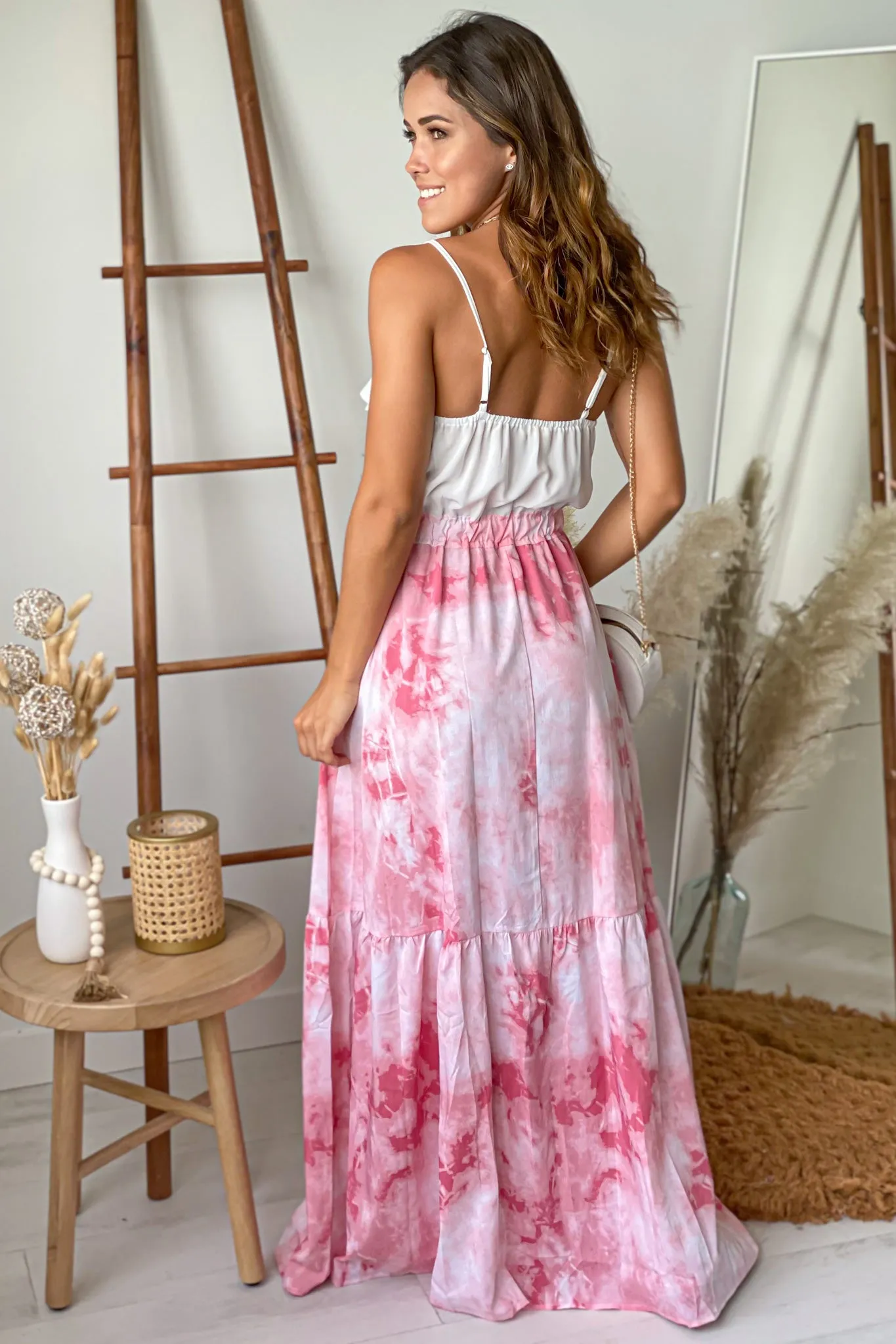 White And Pink Tie Dye Maxi Dress