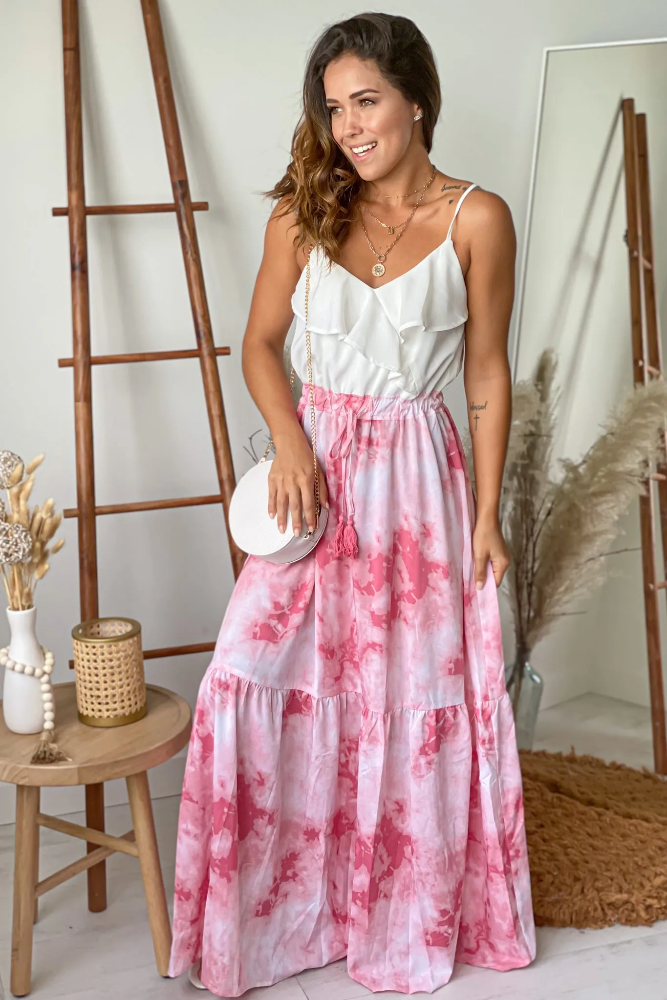 White And Pink Tie Dye Maxi Dress