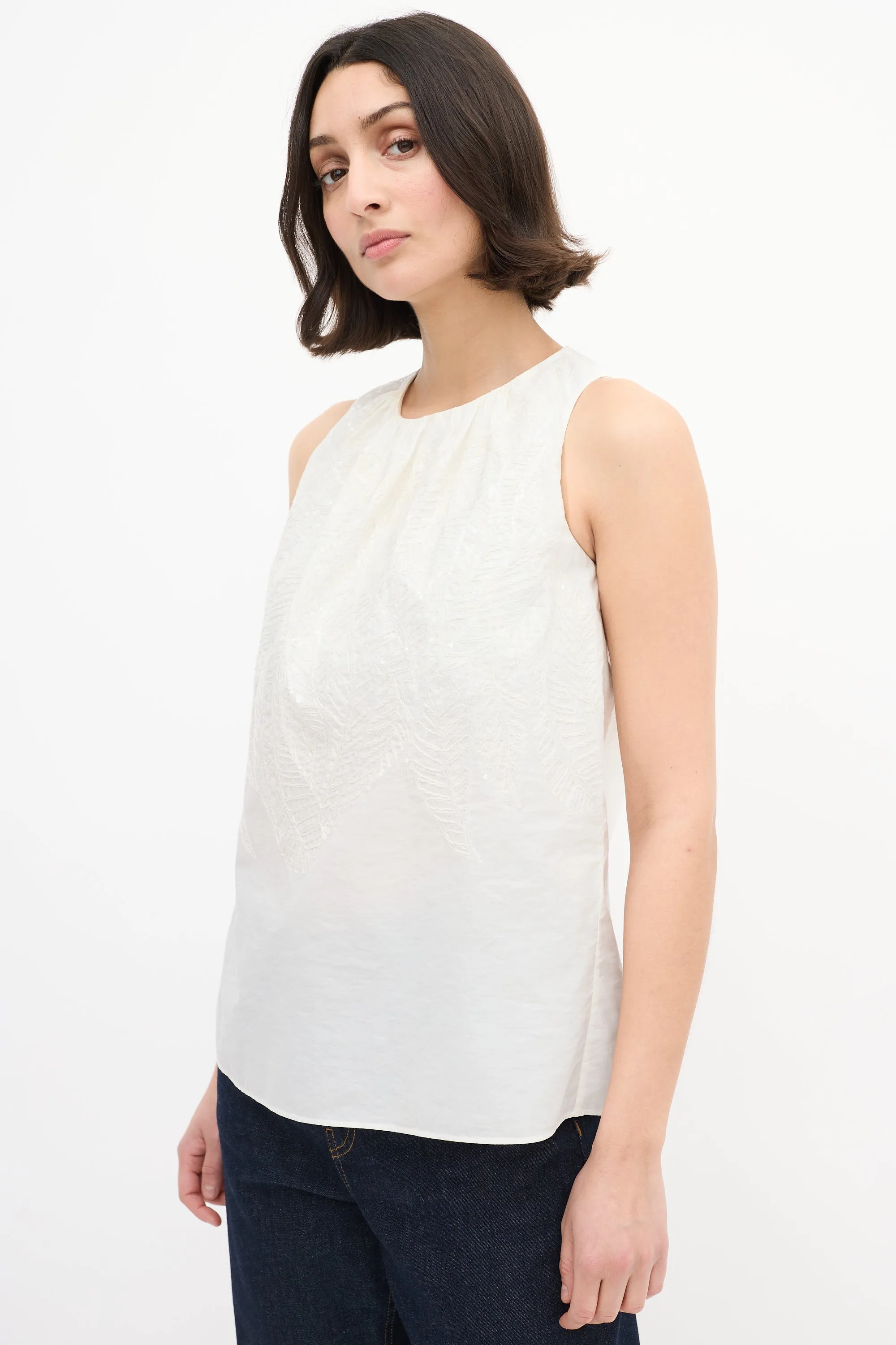 White Cotton Embroidered Sequin Top