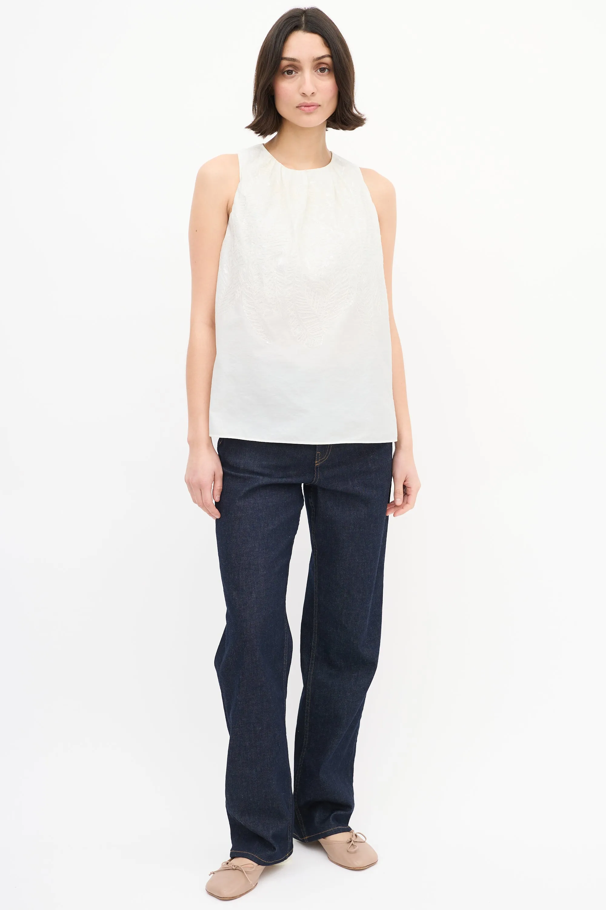 White Cotton Embroidered Sequin Top