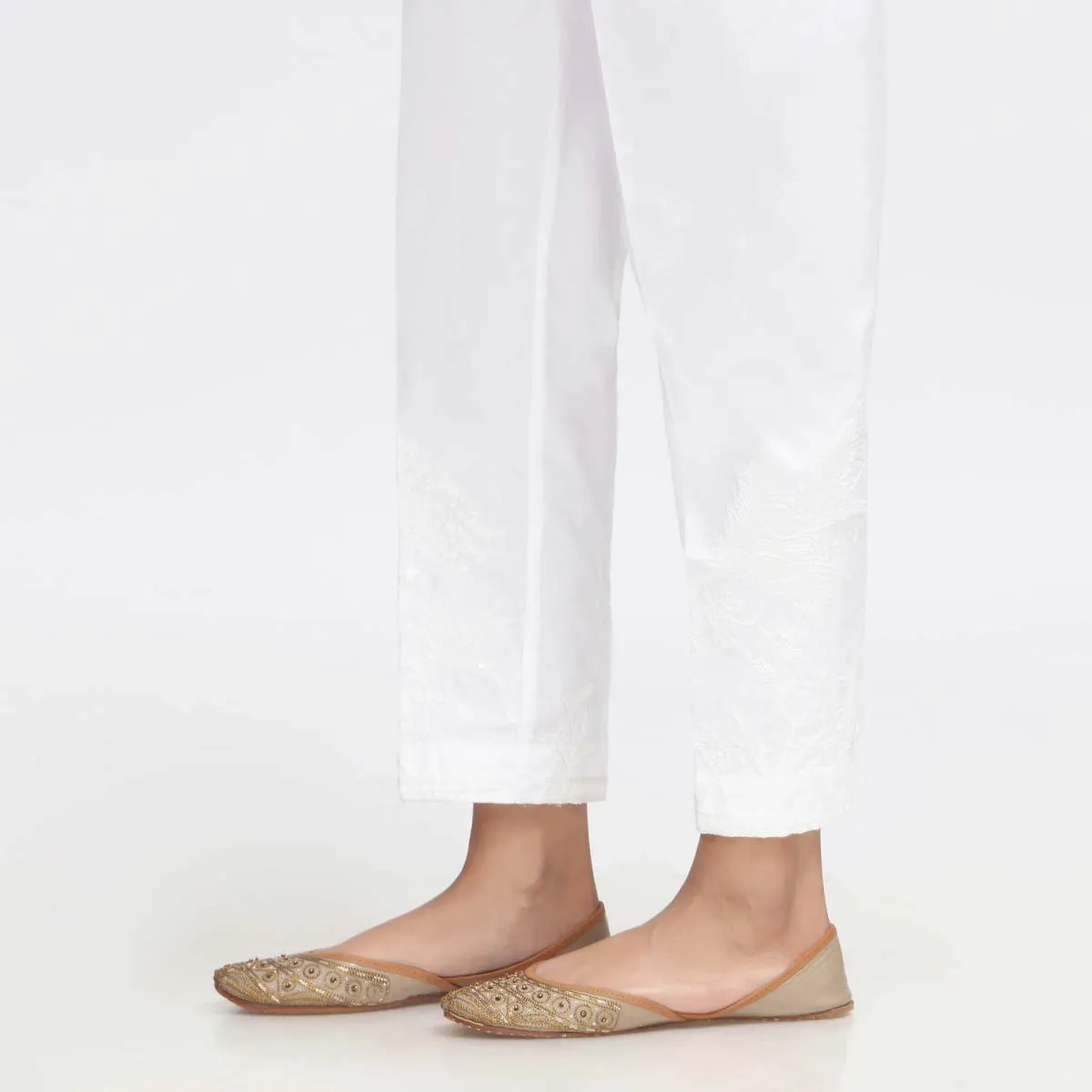 White Embroidered Cambric Slim Fit Trouser PW3673