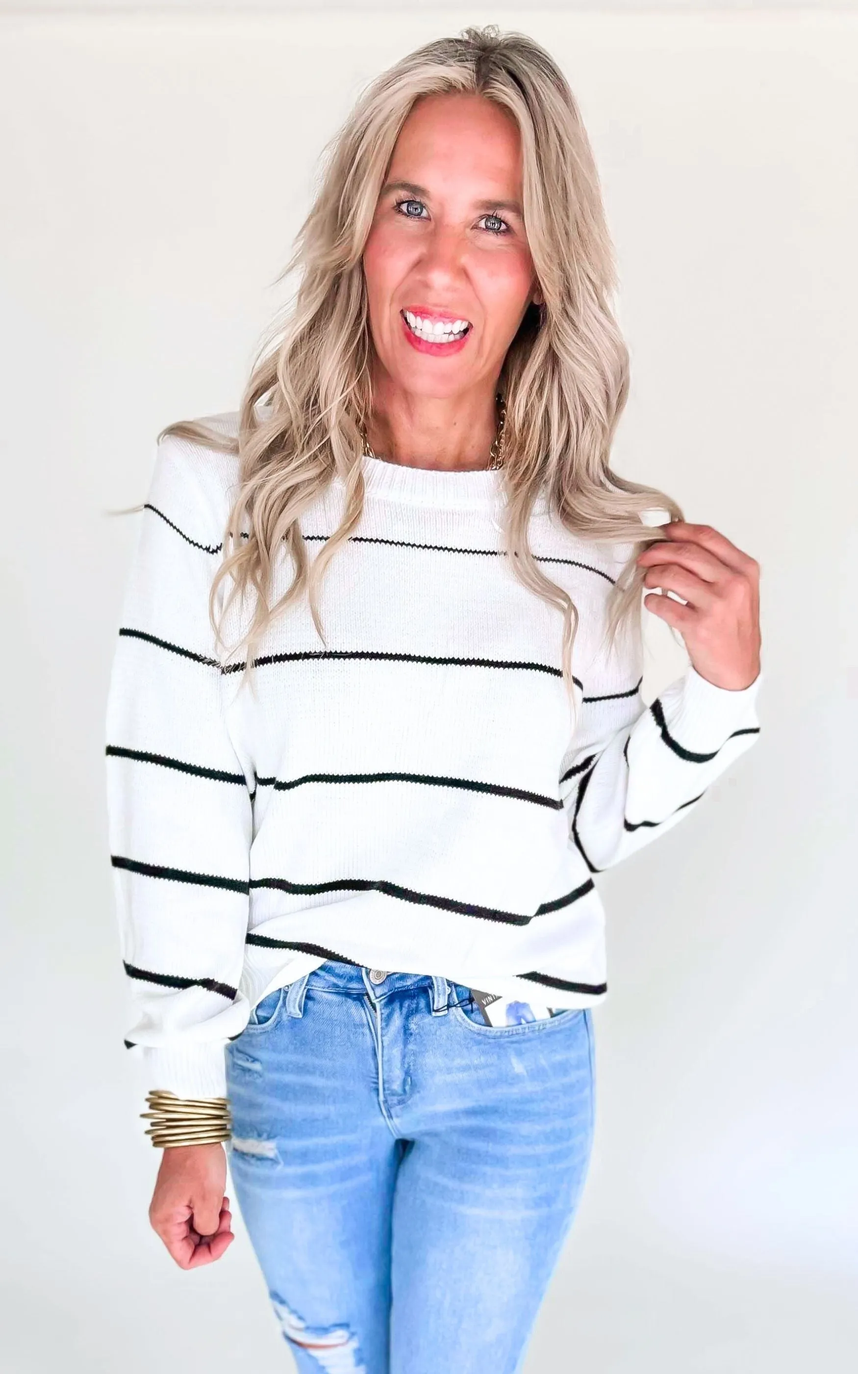 White Striped Lightweight Cable Knit Sweater Top