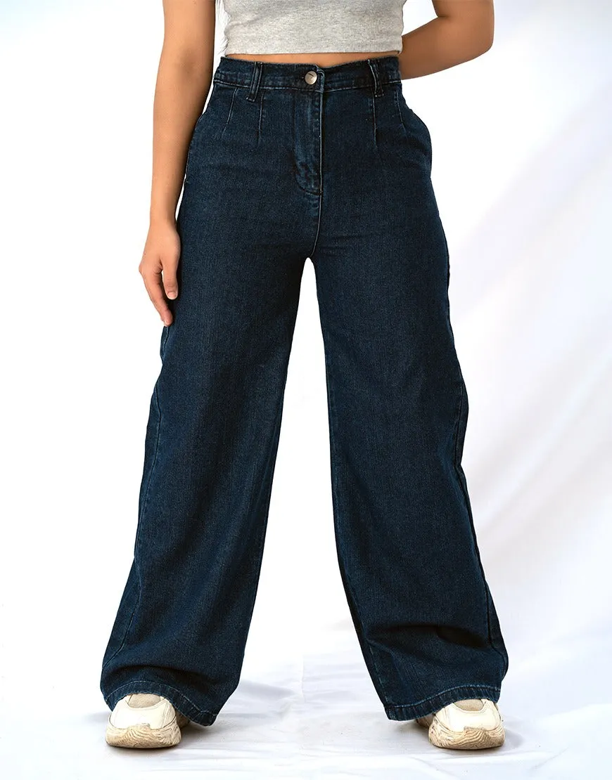 Wide Leg Pleated Jeans Dark Wash