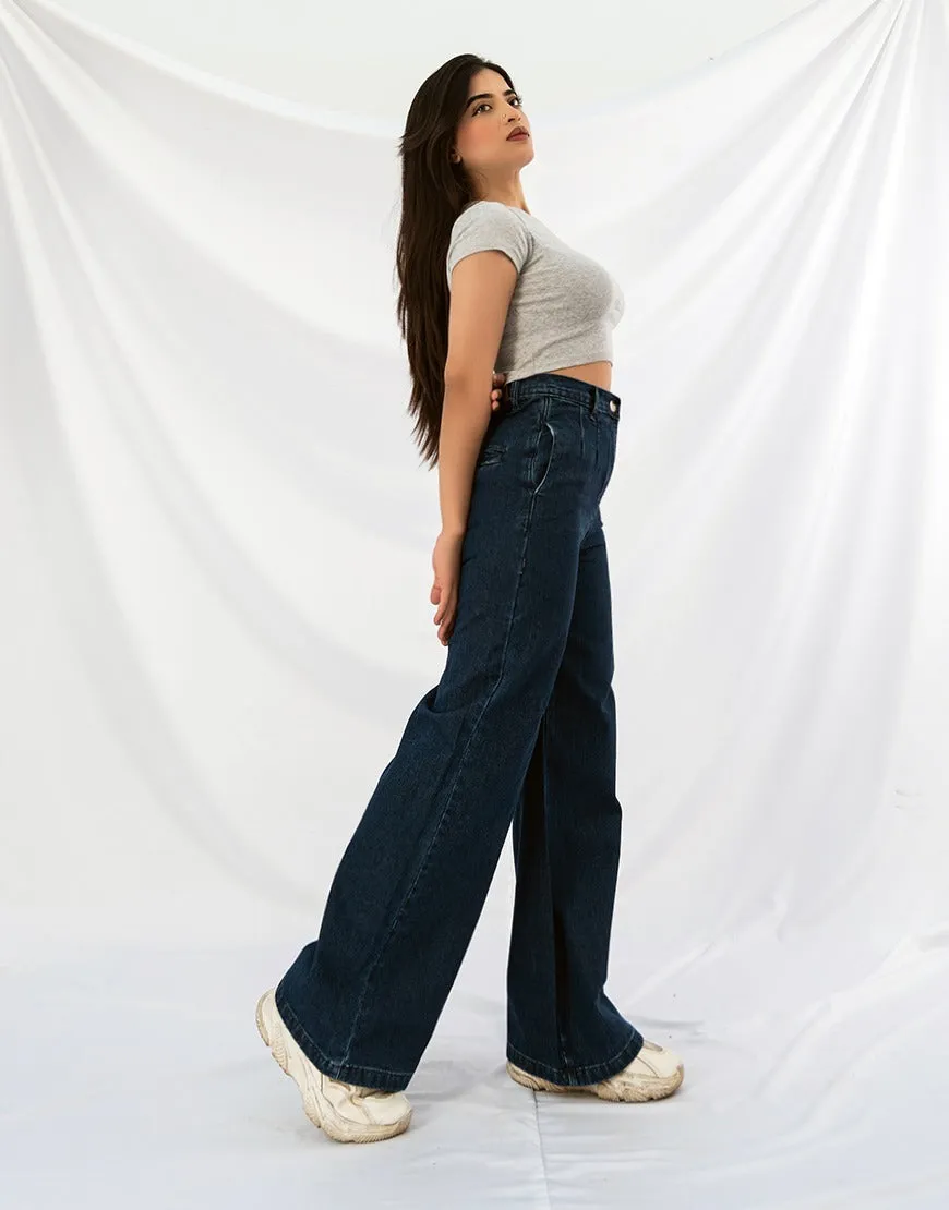 Wide Leg Pleated Jeans Dark Wash