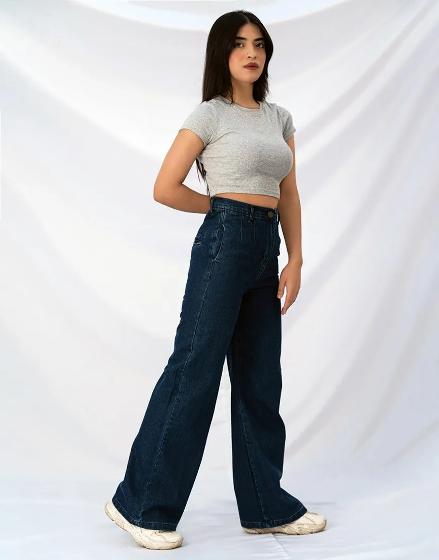 Wide Leg Pleated Jeans Dark Wash