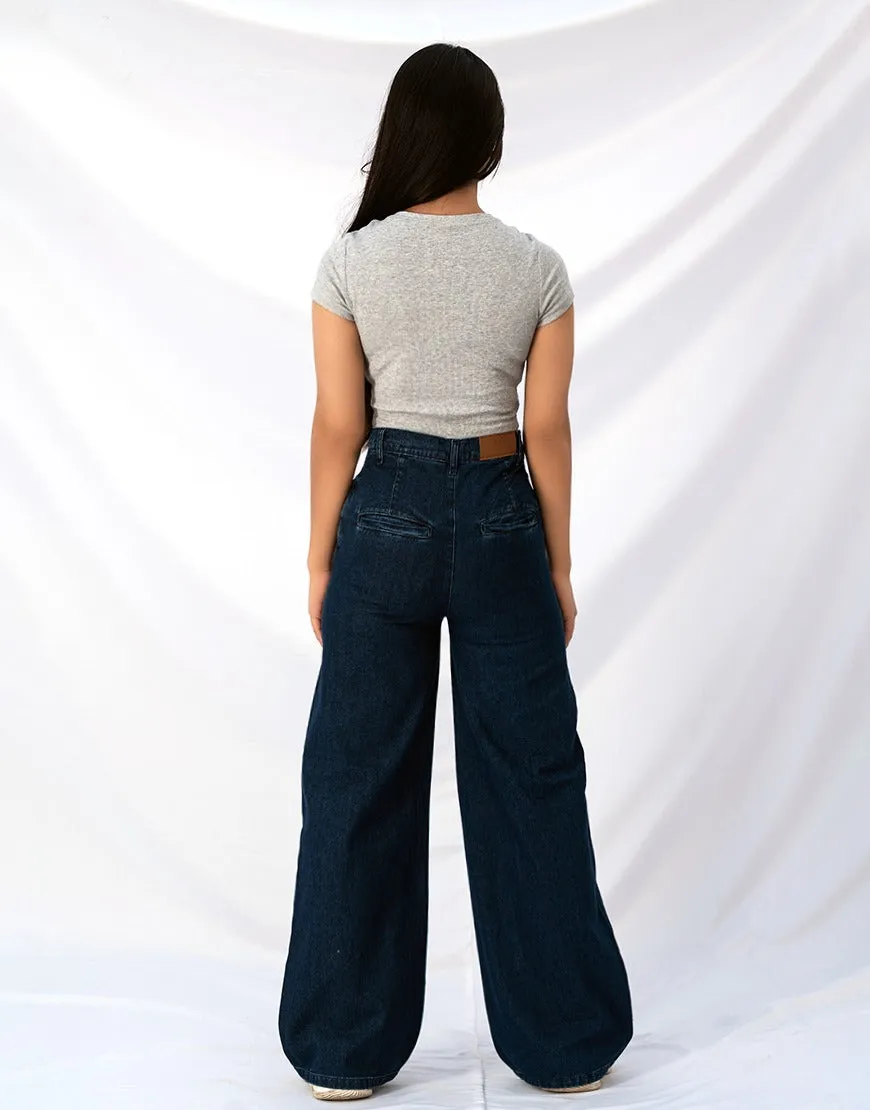 Wide Leg Pleated Jeans Dark Wash