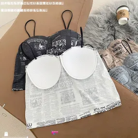 Wjczt Newspaper Printing Crop Top Women Ice Silk Soft Breathable Fixed Cup Tube Top Push Up Wireless Camisole 2022 New