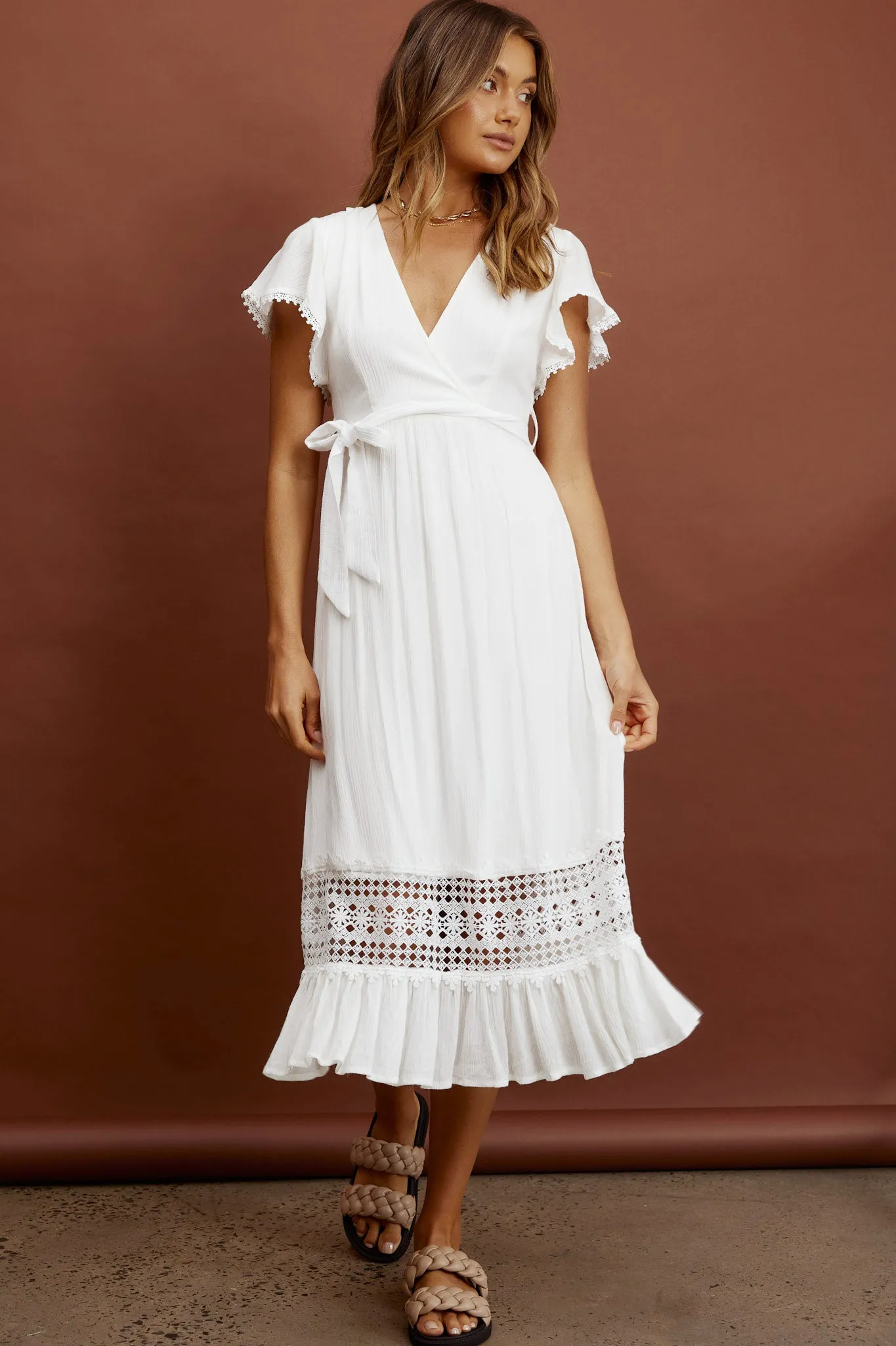 Zephyr Waist Tie Midi Dress White