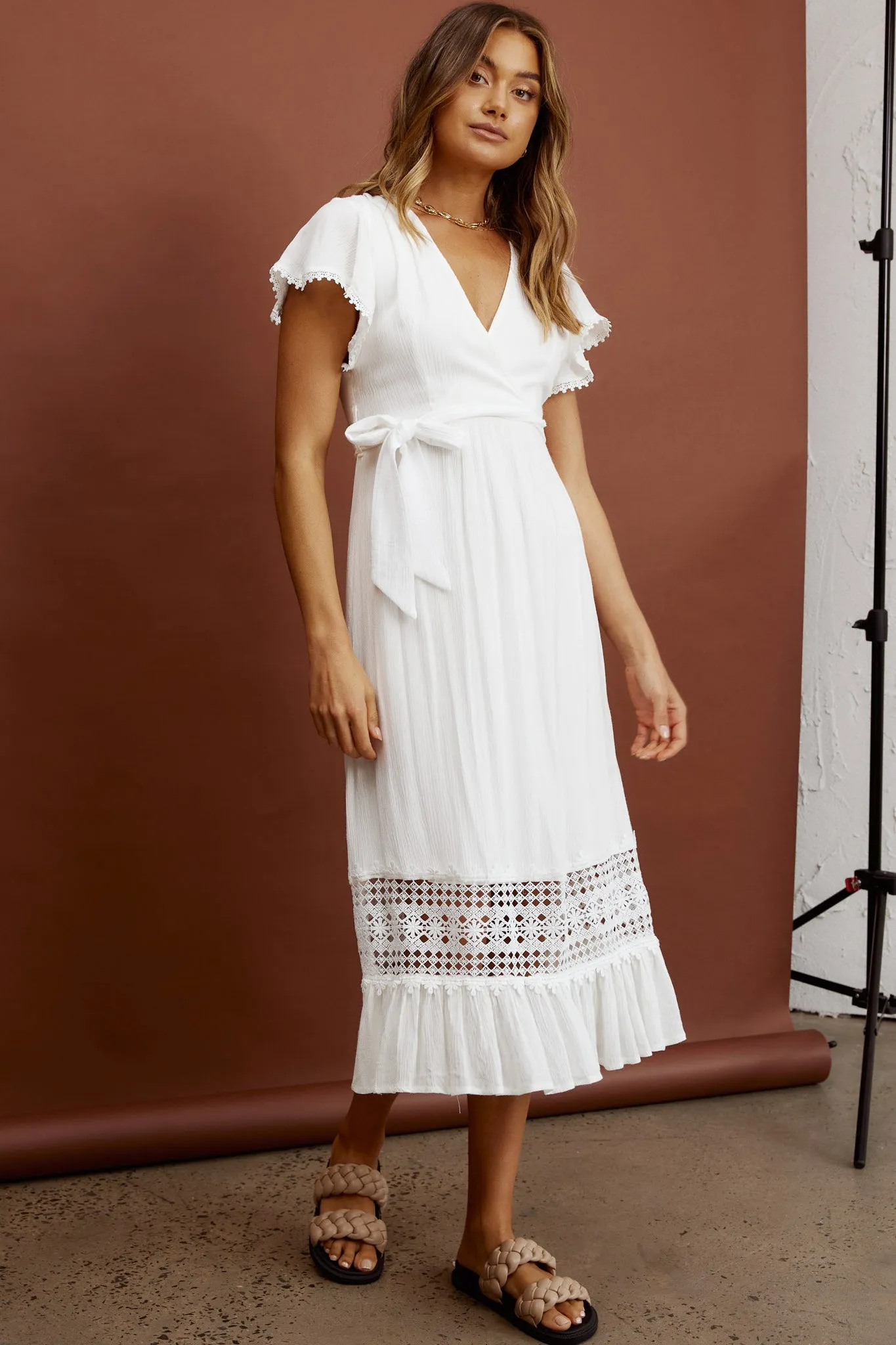 Zephyr Waist Tie Midi Dress White