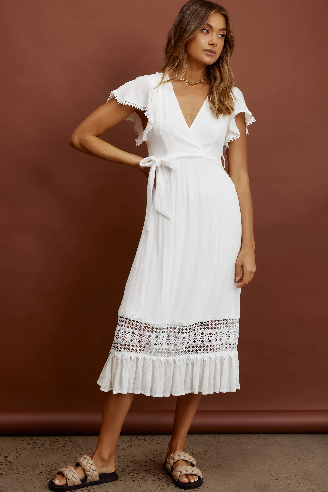 Zephyr Waist Tie Midi Dress White