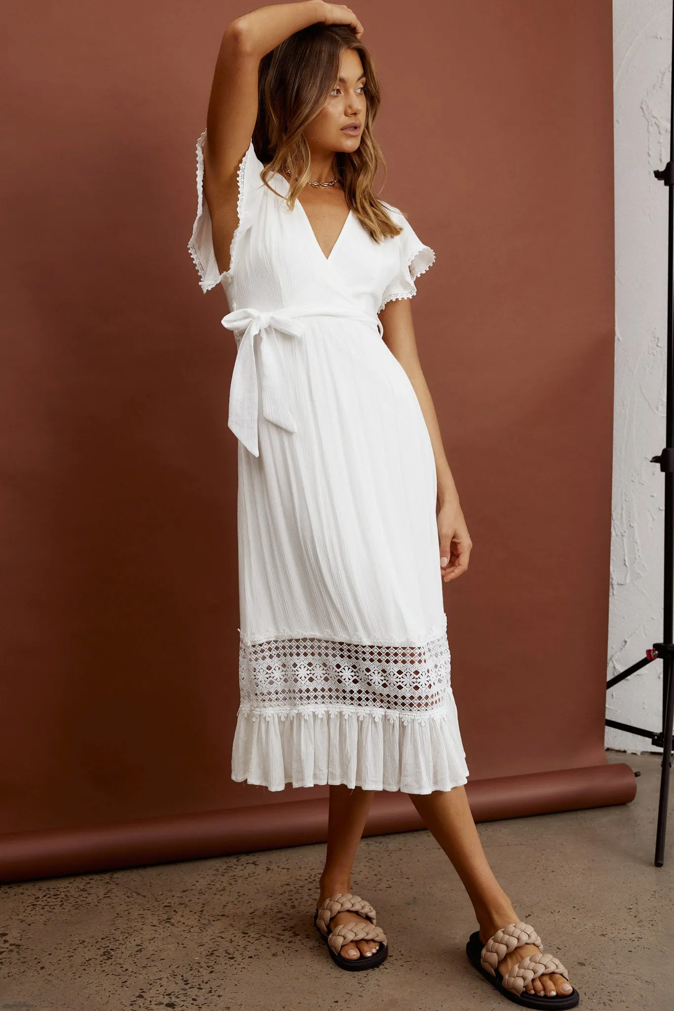 Zephyr Waist Tie Midi Dress White