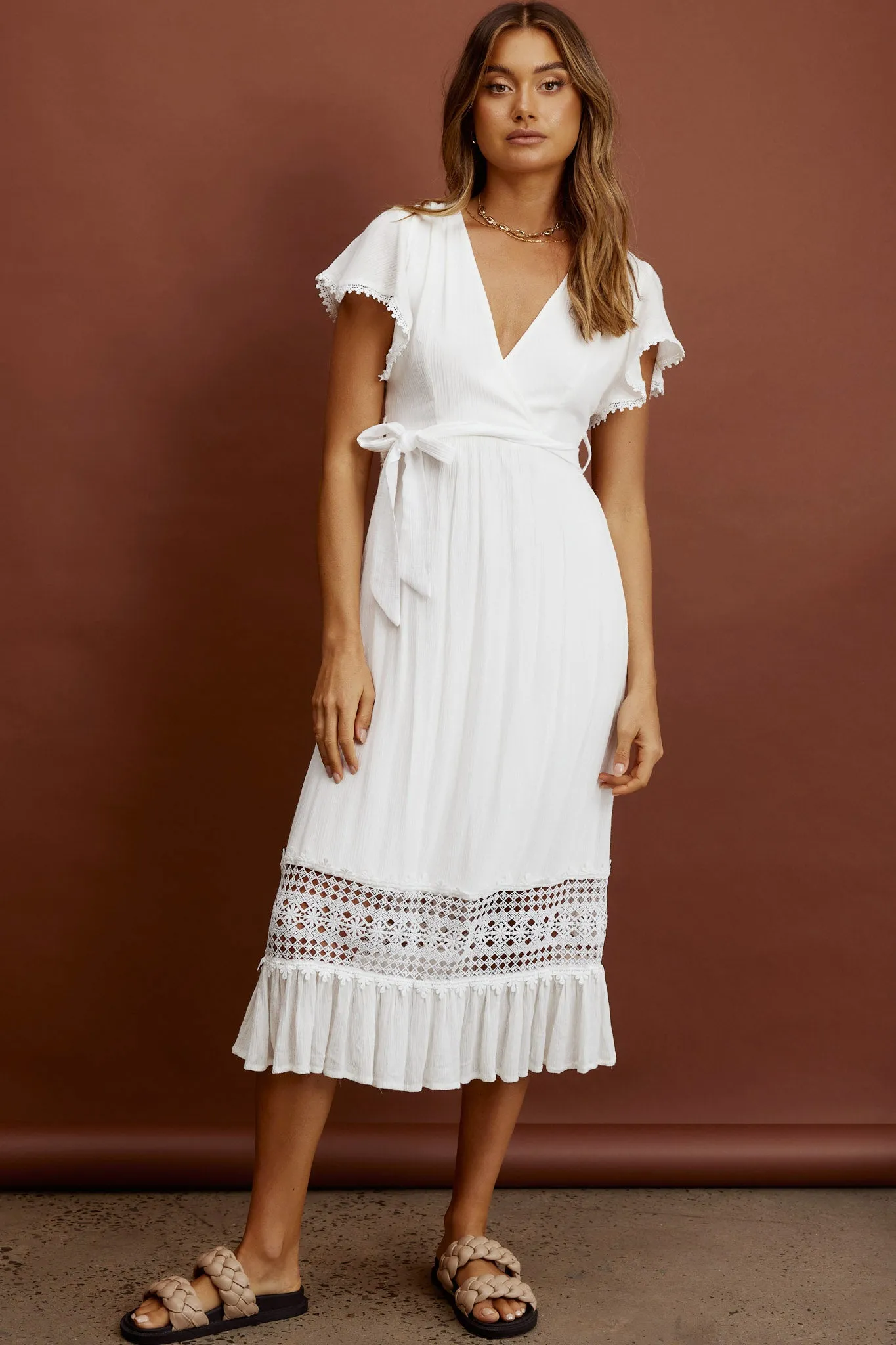 Zephyr Waist Tie Midi Dress White